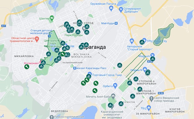 Карта велоинфраструктуры Карагандинской области